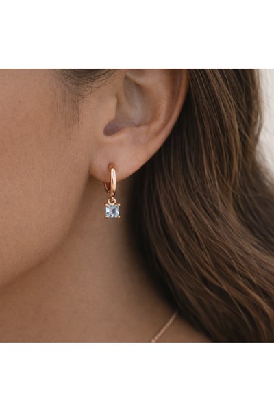 Minimal Mavi Kare Tektaş Charm Halka Küpe Zarif Sallantılı Küpe