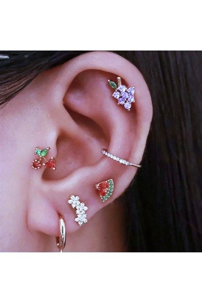 Mor Çiçekli Helix Piercing Kıkırdak Cerrahi Çelik Gümüş Renk