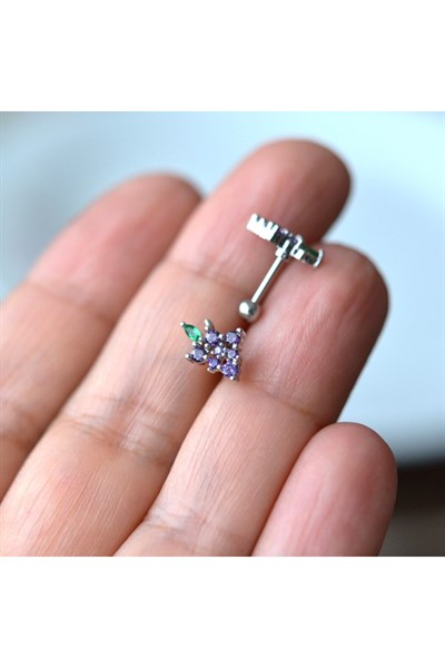 Mor Çiçekli Helix Piercing Kıkırdak Cerrahi Çelik Gümüş Renk