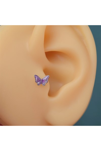 Mor Kelebekli Piercing Helix Kıkırdak Conch Lob Silver