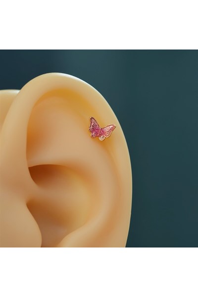 Pembe Kelebekli Çelik Piercing Helix Kıkırdak Conch Lob Gold