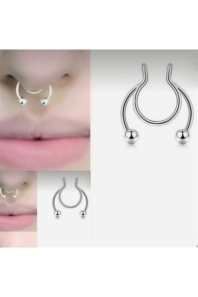 Silver Renk 316 L Paslanmaz Çelik Fake Piercing Sıkıştırmalı Labret Piercing Delik Gerektirmez
