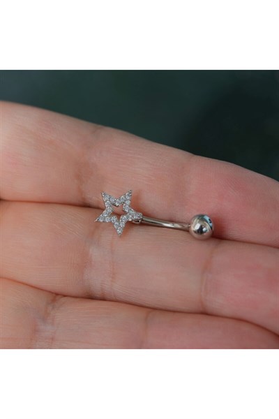 Silver Renk Yıldızlı Göbek Piercingi Çelik Minimal