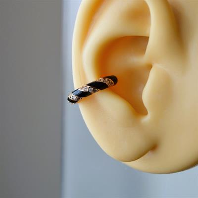 Siyah Taşlı Bombeli Düz Earcuff Sıkıştırma Kıkırdak Küpe