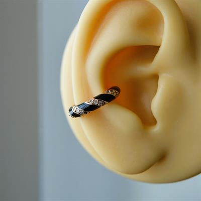 Siyah Taşlı Bombeli Düz Earcuff Sıkıştırma Kıkırdak Küpe