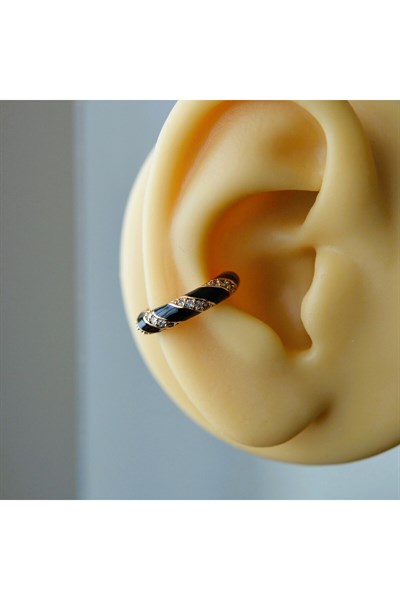 Siyah Taşlı Bombeli Düz Earcuff Sıkıştırma Kıkırdak Küpe