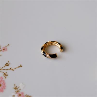 Siyah Taşlı Bombeli Düz Earcuff Sıkıştırma Kıkırdak Küpe