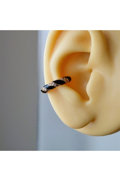 Siyah Taşlı Bombeli Düz Earcuff Sıkıştırma Kıkırdak Küpe