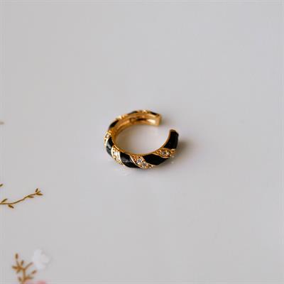 Siyah Taşlı Bombeli Düz Earcuff Sıkıştırma Kıkırdak Küpe