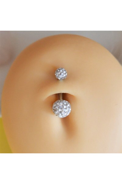 Taşlı Uçlu 316 L Çelik Göbek Piercingi Silver Renk Minimal Taşlı
