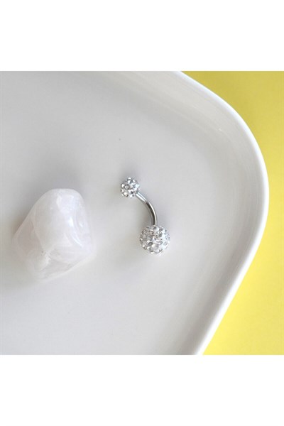 Taşlı Uçlu 316 L Çelik Göbek Piercingi Silver Renk Minimal Taşlı