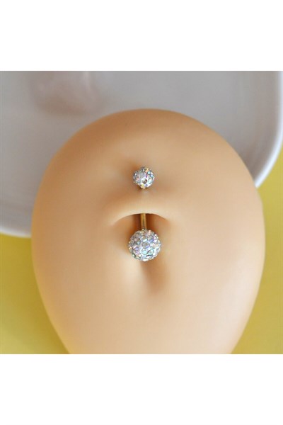 Taşlı Uçlu 316 L Çelik Gold Göbek Piercingi Gold Minimal Taşlı