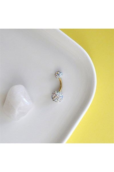 Taşlı Uçlu 316 L Çelik Gold Göbek Piercingi Gold Minimal Taşlı