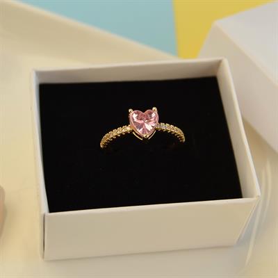 Tektaş Pembe Kalpli Yüzük Hediye Paketli Yüzük Ciddi İlişki Yüzüğü Sevgili Yüzüğü Ayarlanabilir Gold