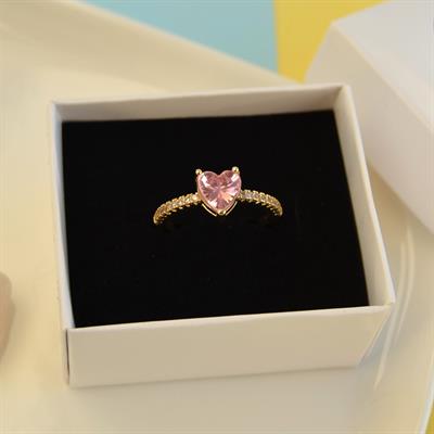 Tektaş Pembe Kalpli Yüzük Hediye Paketli Yüzük Ciddi İlişki Yüzüğü Sevgili Yüzüğü Ayarlanabilir Gold