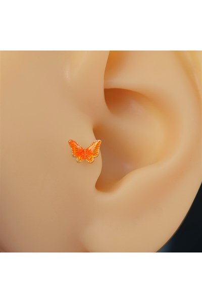 Turuncu Kelebekli Çelik Piercing Helix Kıkırdak Conch Lob Gold