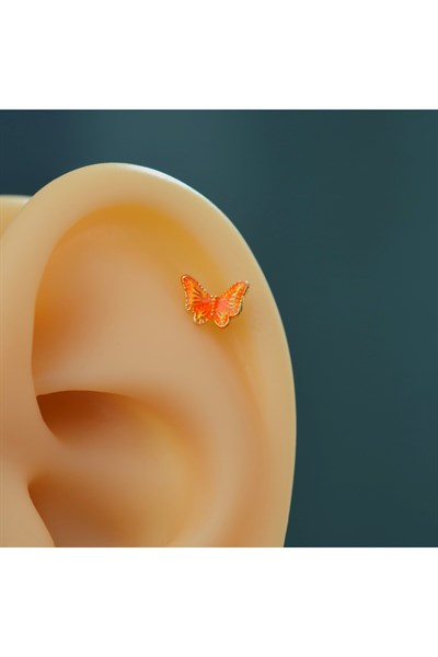 Turuncu Kelebekli Çelik Piercing Helix Kıkırdak Conch Lob Gold