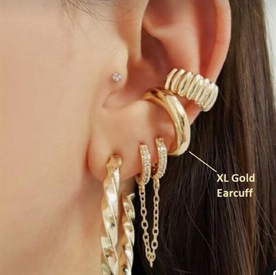 XL Gold Earcuff Bombeli Halka Kıkırdak Küpesi Geçirmeli Günlük Kullanım