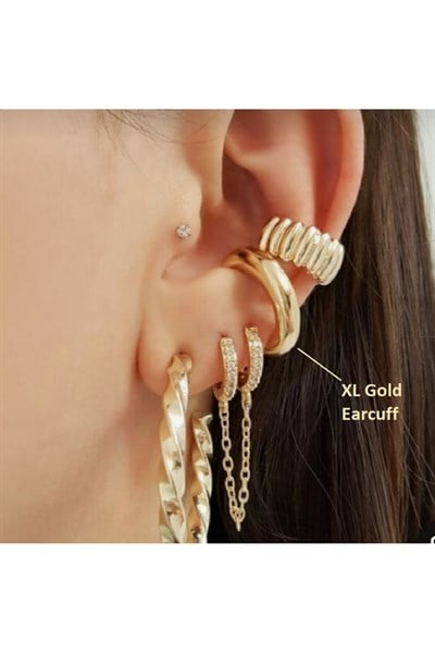 XL Gold Earcuff Bombeli Halka Kıkırdak Küpesi Geçirmeli Günlük Kullanım