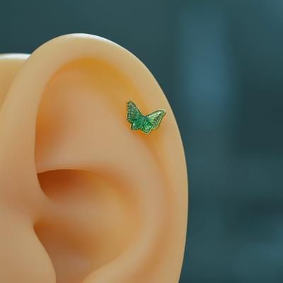 Yeşil Kelebekli Çelik Piercing Helix Kıkırdak Conch Lob Gold