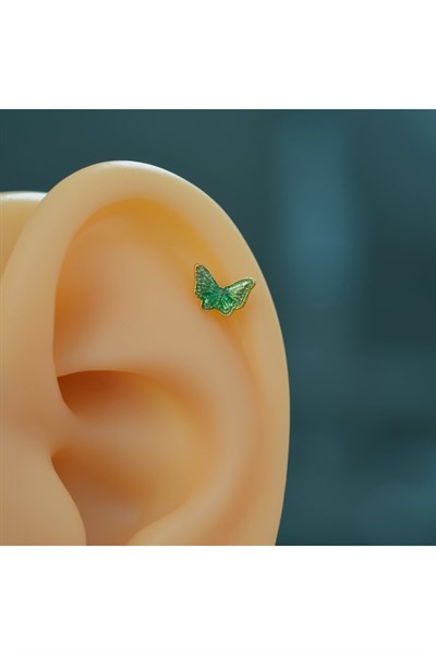 Yeşil Kelebekli Çelik Piercing Helix Kıkırdak Conch Lob Gold