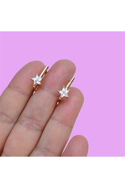 Yıldız Taşlı Kare Küpe Halka Küpe Tektaş Yıldız Detaylı 14 mm