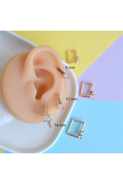 Yıldız Taşlı Kare Küpe Halka Küpe Tektaş Yıldız Detaylı 11 mm
