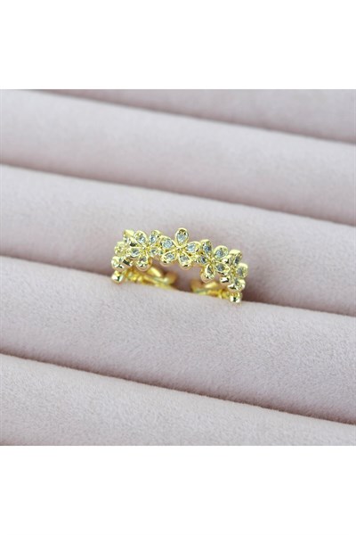Zirkon Taş İşlemeli Çiçekli Yüzük Ayarlanabilir Gold