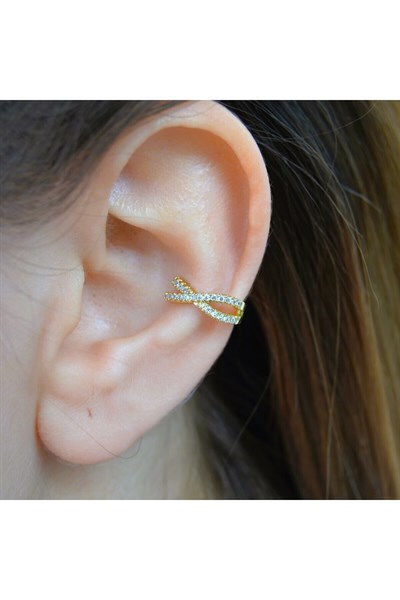 Zirkon Taşlı Minimal Earcuff Deliksiz Kıkırdak Küpesi Çapraz Taşlı Earcuff
