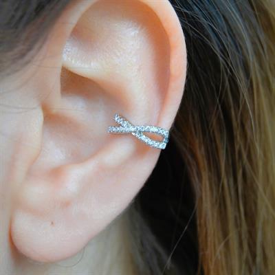 Zirkon Taşlı Minimal Earcuff Deliksiz Kıkırdak Küpesi Çapraz Taşlı Earcuff