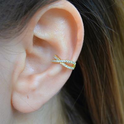Zirkon Taşlı Minimal Earcuff Deliksiz Kıkırdak Küpesi Çapraz Taşlı Earcuff