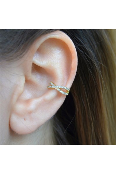 Zirkon Taşlı Minimal Earcuff Deliksiz Kıkırdak Küpesi Çapraz Taşlı Earcuff