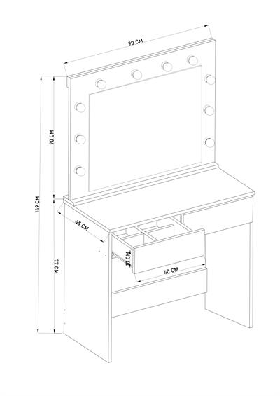 DF02108AC Hollywood Işıklı Aynalı Çekmeceli Makyaj Masası