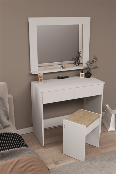 DF02109B Aynalı Puflu Beyaz Makyaj Masası