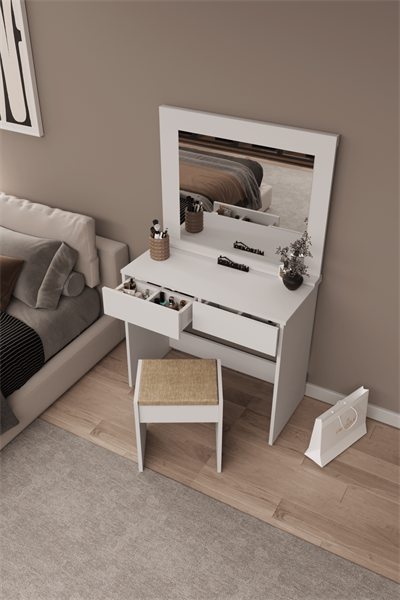DF02109B Aynalı Puflu Beyaz Makyaj Masası