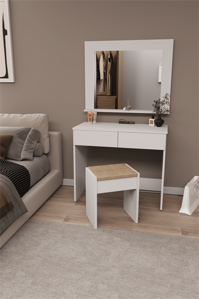DF02109B Aynalı Puflu Beyaz Makyaj Masası