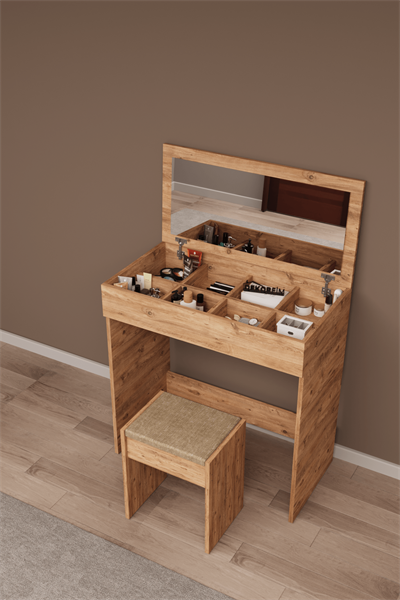 DF02113AC Kapaklı Aynalı Bölmeli Puflu Makyaj Masası