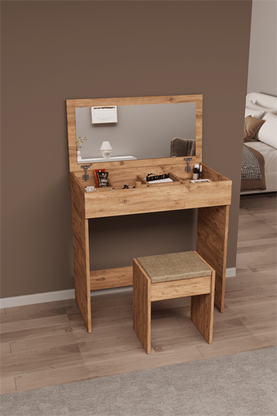 DF02113AC Kapaklı Aynalı Bölmeli Puflu Makyaj Masası