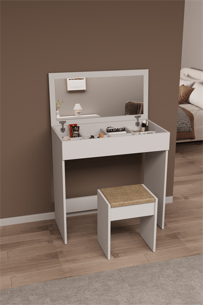 DF02113B Kapaklı Aynalı Bölmeli Puflu Makyaj Masası