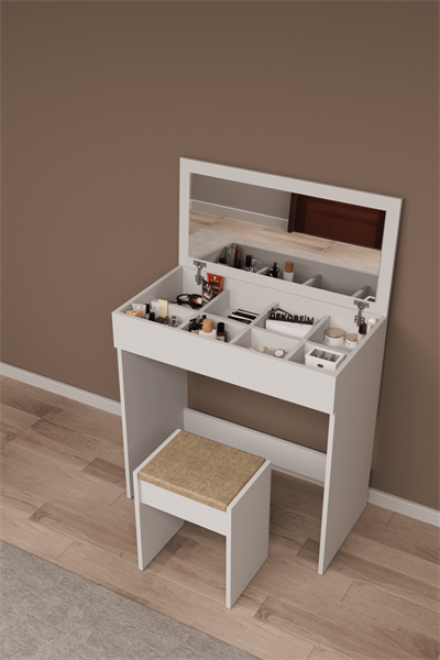 DF02113B Kapaklı Aynalı Bölmeli Puflu Makyaj Masası