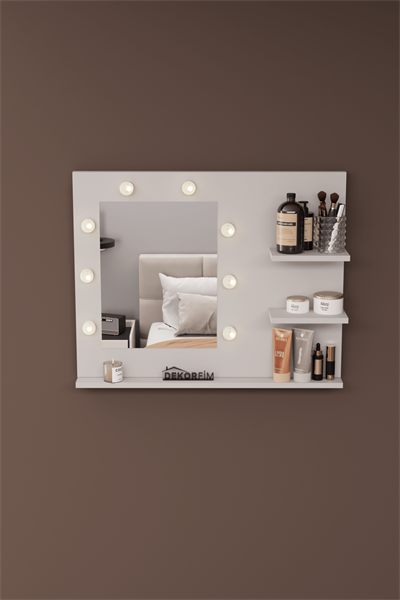 DF06103B Raflı Dekoratif Kulis Işıklı Duvar Aynası Makyaj Masası Aynası