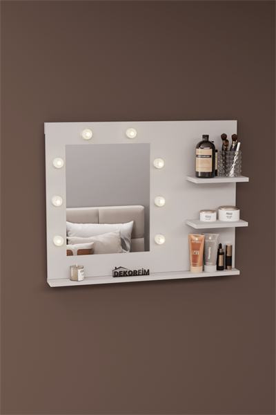 DF06103B Raflı Dekoratif Kulis Işıklı Duvar Aynası Makyaj Masası Aynası