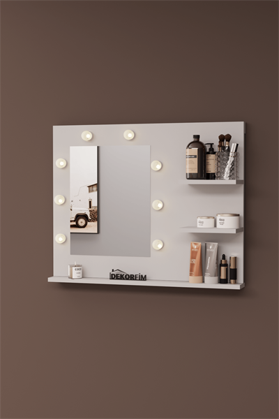 DF06103B Raflı Dekoratif Kulis Işıklı Duvar Aynası Makyaj Masası Aynası