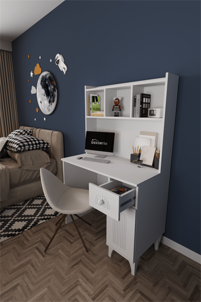 DF09105B Çekmeceli Membran Kapaklı Kitaplıklı Beyaz Çalışma Masası Bilgisayar Masası