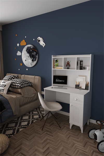 DF09105B Çekmeceli Membran Kapaklı Kitaplıklı Beyaz Çalışma Masası Bilgisayar Masası