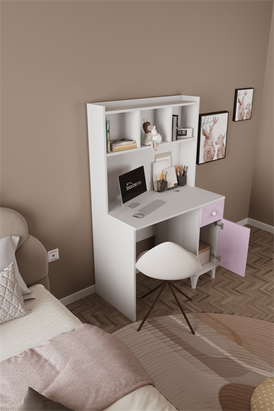 DF09105KP Çekmeceli Membran Kapaklı Kitaplıklı Beyaz-Pembe Çalışma Masası Bilgisayar Masası