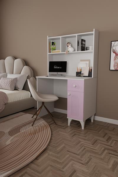 DF09105KP Çekmeceli Membran Kapaklı Kitaplıklı Beyaz-Pembe Çalışma Masası Bilgisayar Masası