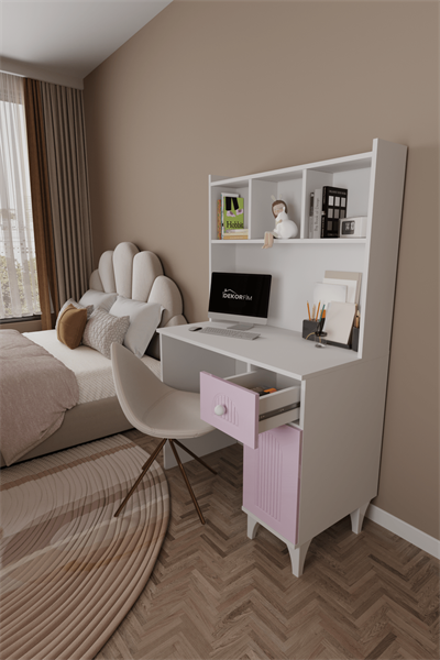 DF09105KP Çekmeceli Membran Kapaklı Kitaplıklı Beyaz-Pembe Çalışma Masası Bilgisayar Masası