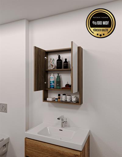 DF16104BR MDF 2 Kapaklı Aynalı Banyo Dolabı Lavabo Üstü Dolap Çok Amaçlı Banyo Dolabı
