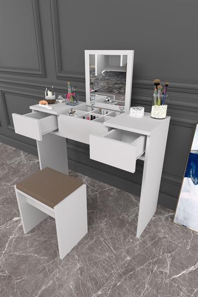 DF02101B Çekmeceli Aynalı Tabureli Puflu Makyaj Masası